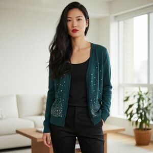 Bestow Green V neck Cardigan Sweater Top with Crystal Embellishments Size M